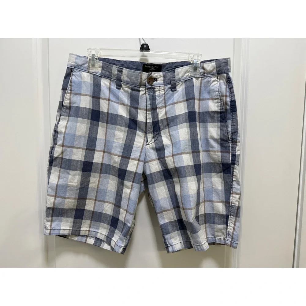 Banana Republic Aiden Shorts Men 34 Blue White‎ Plaid Flat Front Slim 9 Inseam